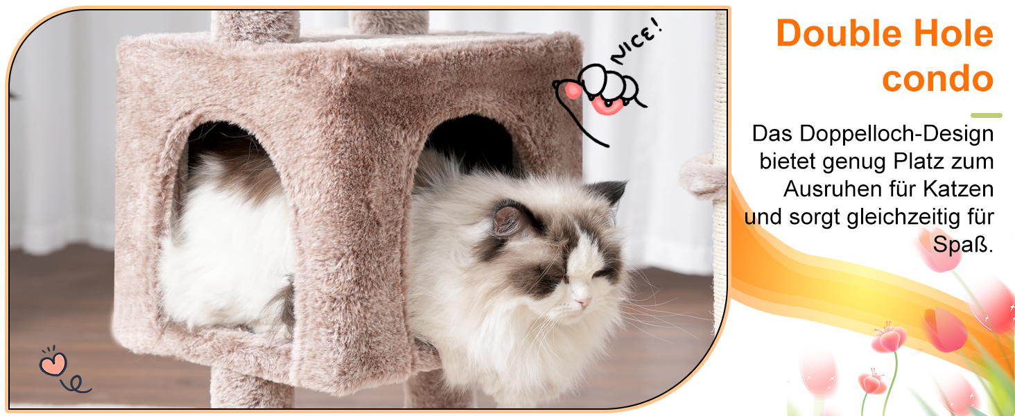 Кігтеточка-комплекс для котів Heybly HCT006SW, 100 см, з платформою, гротоподібною печерою та гамаками, коричнево-бежевий