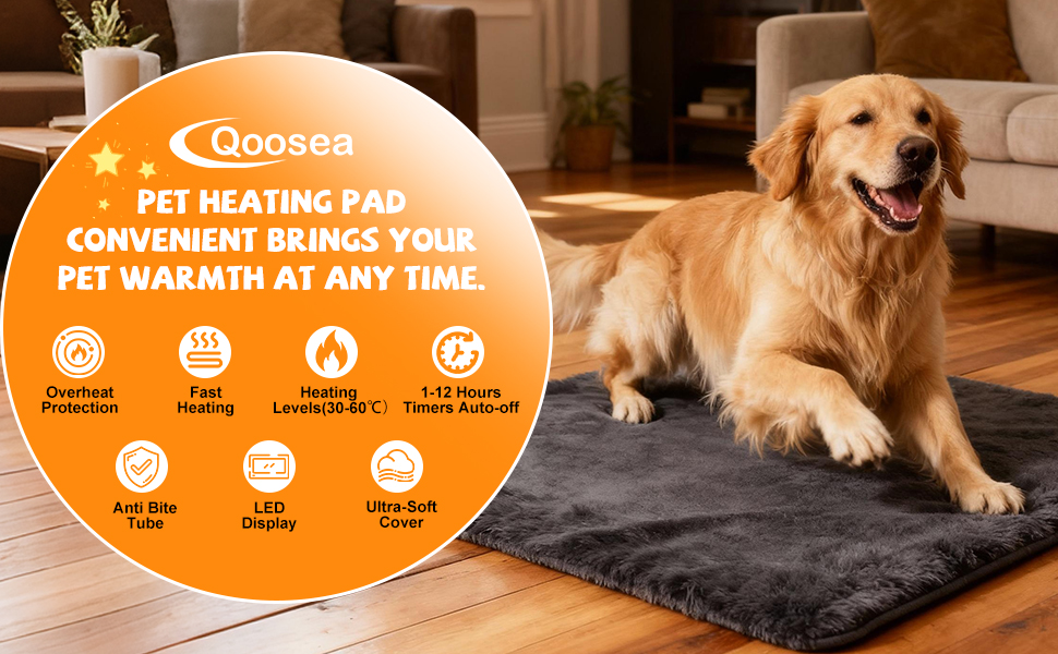 Килимок грілка для котів та собак Qoosea, електричний, 45x45 см, регулювання температури 30-60°C, таймер, водовідштовхувальний, знімний чохол