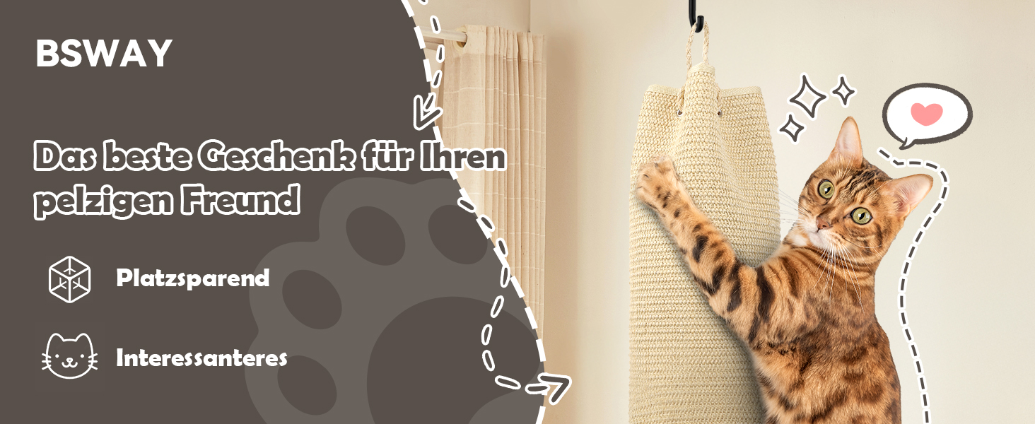 Кліматизатор для котів BSWAY 16x16x240 см, котяче канатне дерево, мішок з сизалю, котячий кліматизатор з гачками та наповнювачем