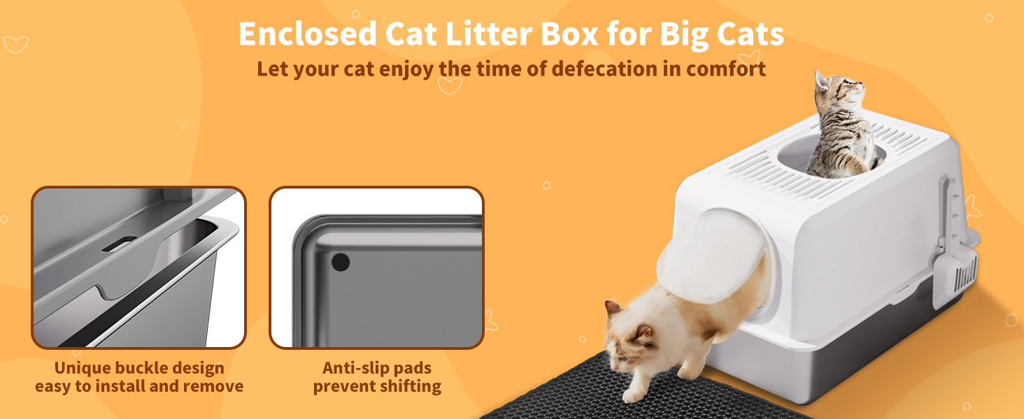Лотку для котів з нержавіючої сталі з кришкою, великий, для великих котів, з совоком та килимком сірого кольору