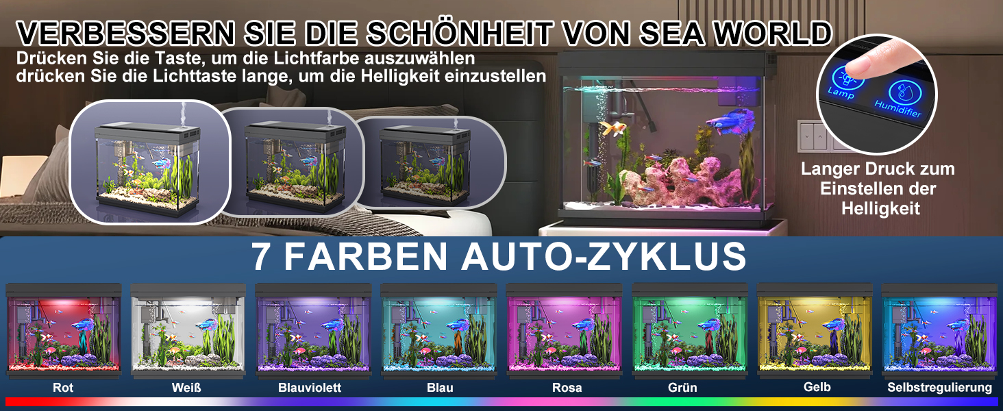 Акваріум Vehipa Nano 9L з інтелектуальним зволожувачем повітря, індикатором температури, склом UHD, 7-кольоровим підсвічуванням, 3-в-1 насосом з фільтрацією, подачею кисню та циркуляцією, чорний