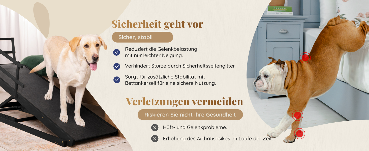 Східці для собак до ліжка з захисним бар'єром - для великих собак до 90 кг - регульована висота до 94.5 см - ширина 49.5 см - складані - антиковзні ручки - береза - натуральний колір (чорний)