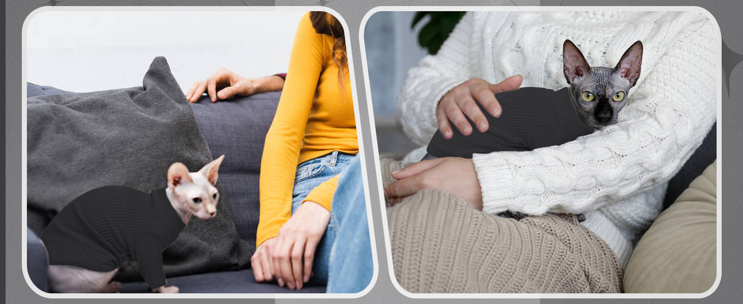 В'язаний жилет для безшерстих котів з високим коміром, чорного кольору. Дихаючий одяг для Sphynx, Cornish Rex, Devon Rex, Peterbald. Теплий пуловер-піжама для котів.