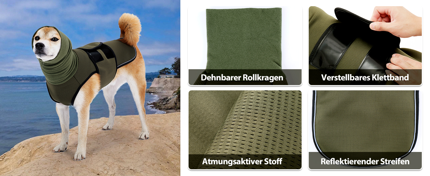 Заспокійливий жилет для собак Heywean з капюшоном та захистом вух, антистресовий, XL, оливковий