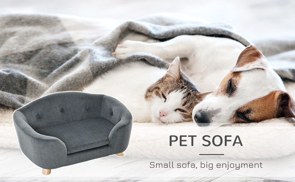 PawHut лежанка для собак, ліжко-софа для кошенят та цуценят з дерев'яним каркасом, сірий колір, 70 x 47 x 30 см