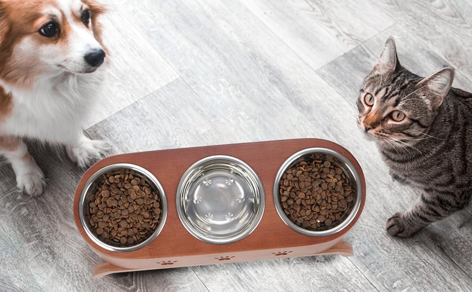 Набір мисок для котів JAZUIHA (3 шт.) з підняттям, ергономічні, 15° нахил, регульована висота, дерев'яний підставник, нержавіюча сталь Ø12 см, темно-коричневий