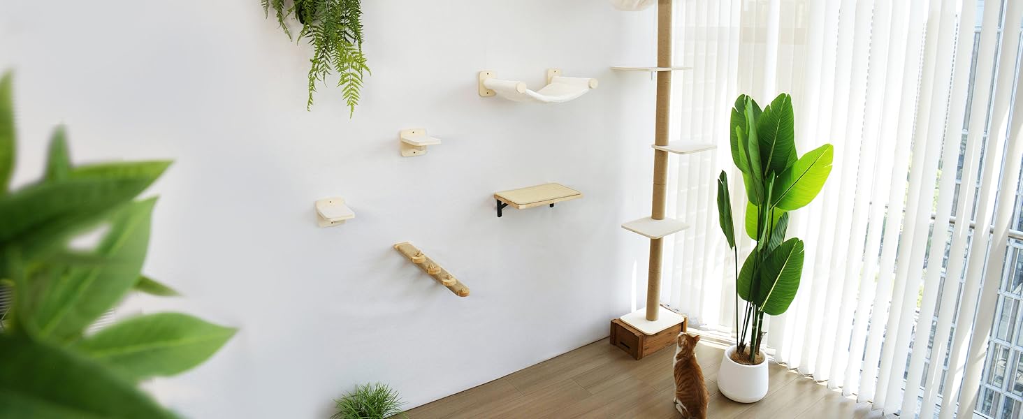 Драбина-кіготь для котів FUKUMARU, 4 яруси, до стелі (251-274см), кріпиться до стіни, з джутової тканини та зручною гамаком, бежева