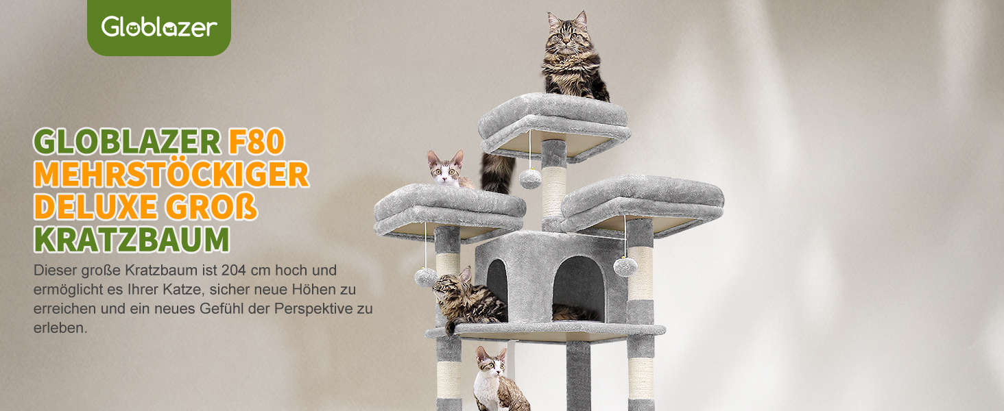 Кігтеточка Globlazer XXL 204 см: 3 стійкі сидіння, 2 будиночки, 2 корзини, гамак, для великих котів, сірий (F80)