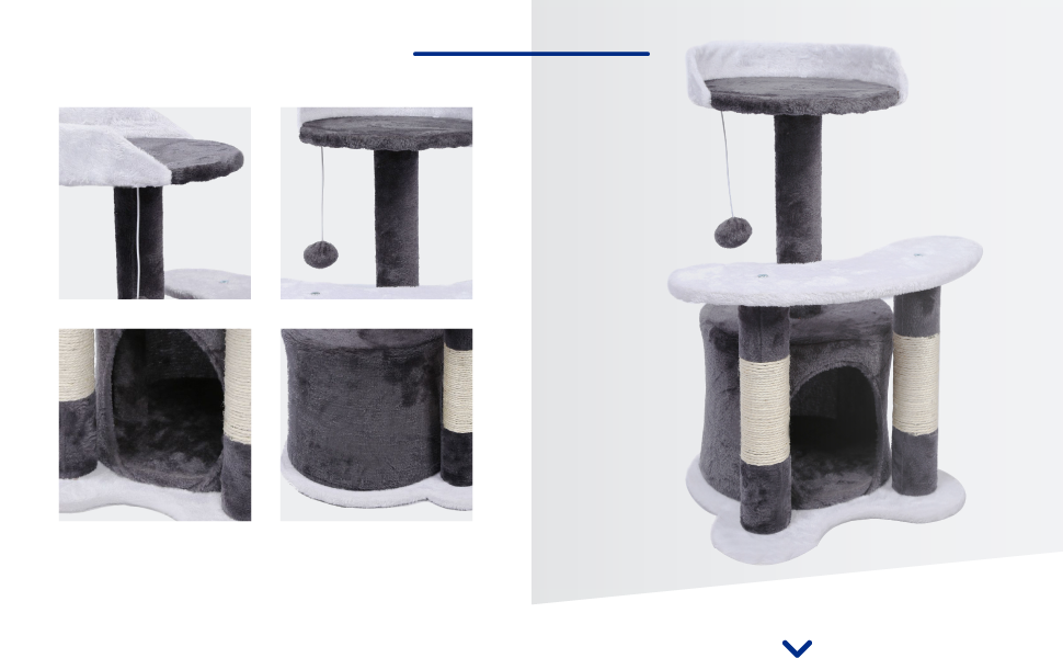 Дряпалка для котів Wiltec 67 см, чорно-біла, з сизалю, платформою, будиночком та іграшкою, крізьбаум для котів