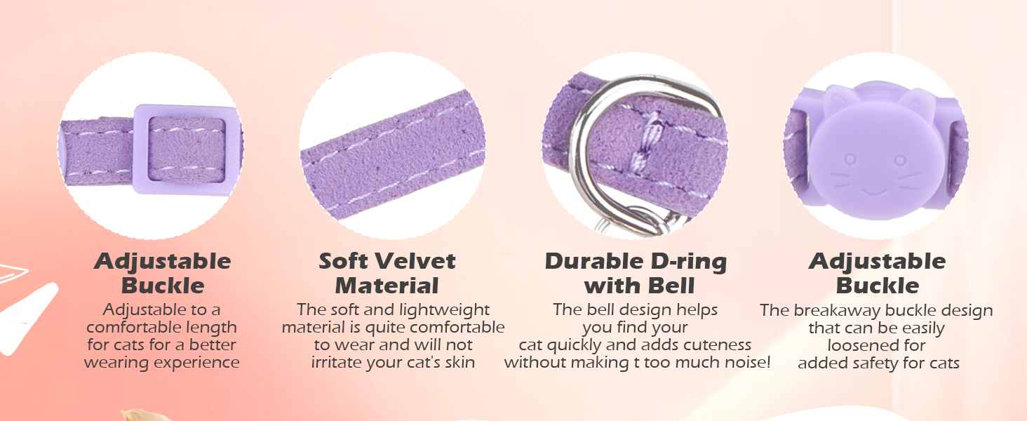 Нашийник для котів ExPawlorer з дзвіночком та стразами, на м'якому оксамиті, регульований, безпечний, для котів та маленьких собак, 2 шт., 9'-12' (Синій та фіолетовий)