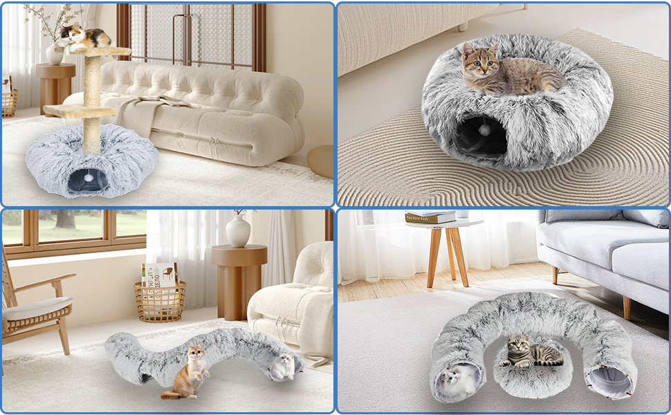 Туннель для котів, великий, з місцем для сну та лежаком, 2 входи, котяча печера, підвісні кульки, тунель для кота, кольоровий