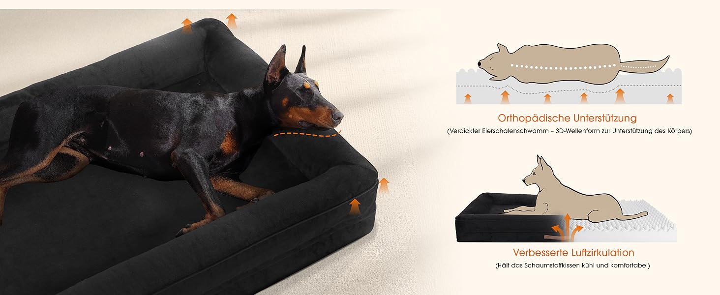 Ортопедичне ліжко для собак XL, корзина для собак, що стирається, з яєцеподібною піною, водонепроникний диван для собак з неслизьким дном та чотиристоронньою подушкою (Чорний, 117x76x19cm)