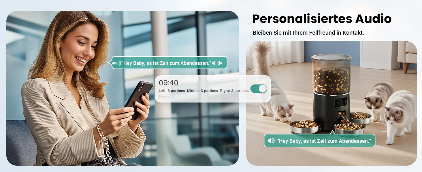 Автоматичний годівниця для котів з Wi-Fi та таймером, 6 л / 25 чашок, 3 миски, 3 пакети силікагелю, система проти застрягання, 2.4G Wi-Fi, запис голосу 10 секунд, чорний