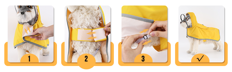 Регенкожух для собак SlowTon: водонепроникний, двошаровий, з капюшоном, світловідбиваючими смугами та кишенею. Підходить для собак маленьких, середніх та великих порід. Колір: жовтий.