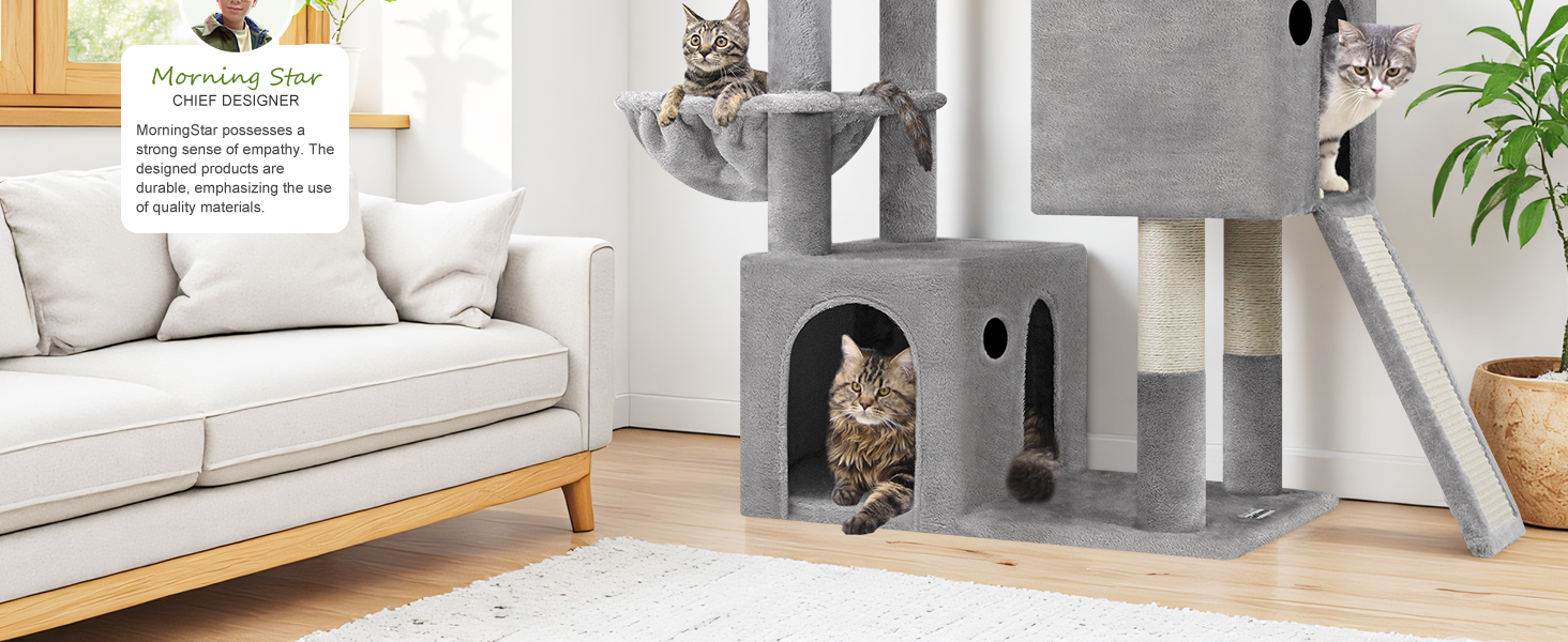 Дерево для котів Globlazer XL сірого кольору з великою печерою для 2-4 котів, когтеточкою з сизалю, м'яким кошиком та іграшками, висота 133 см