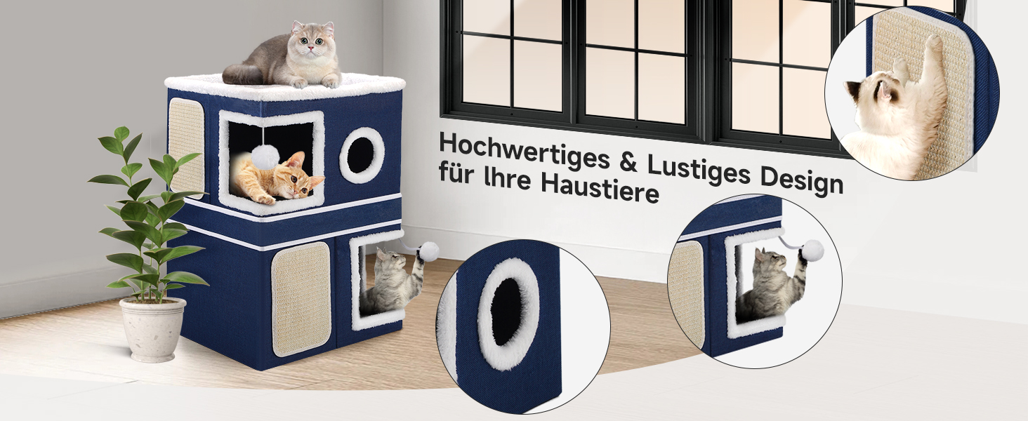 Кітчине гніздо Shikha, великий будиночок для котів, 3-ярусний куб для котів з дряпалкою та іграшкою, 61x45x32 см, блакитний