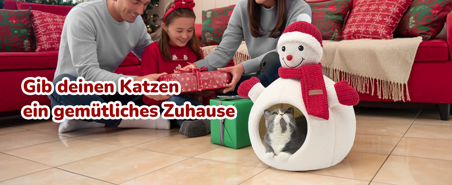 Кігтеточка-будиночок CATISM для котів на Новий Рік, 42x42x55 см, білий, з теплим килимком, знімний будиночок, антиковзаюча поверхня