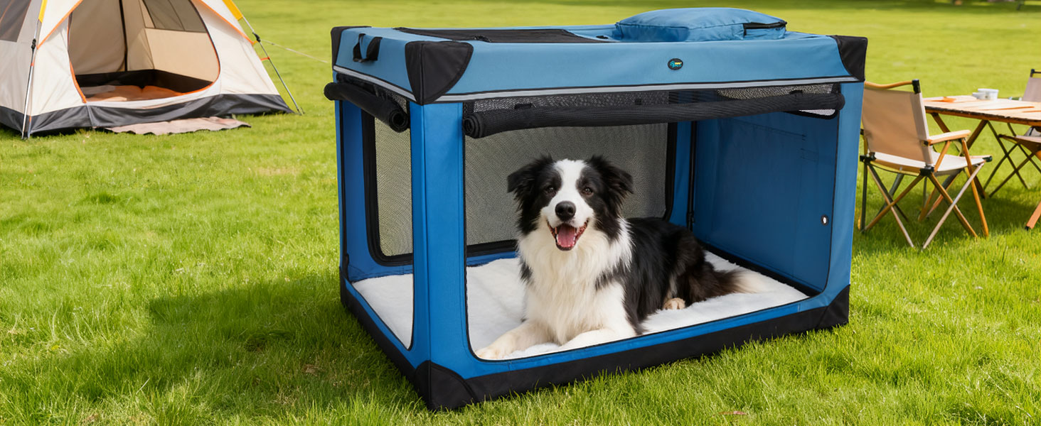 Складаний переносний вольєр для собак Ownpets XXL (122 см), блакитно-чорний, з м'якою підстилкою та міцними сітчастими вікнами
