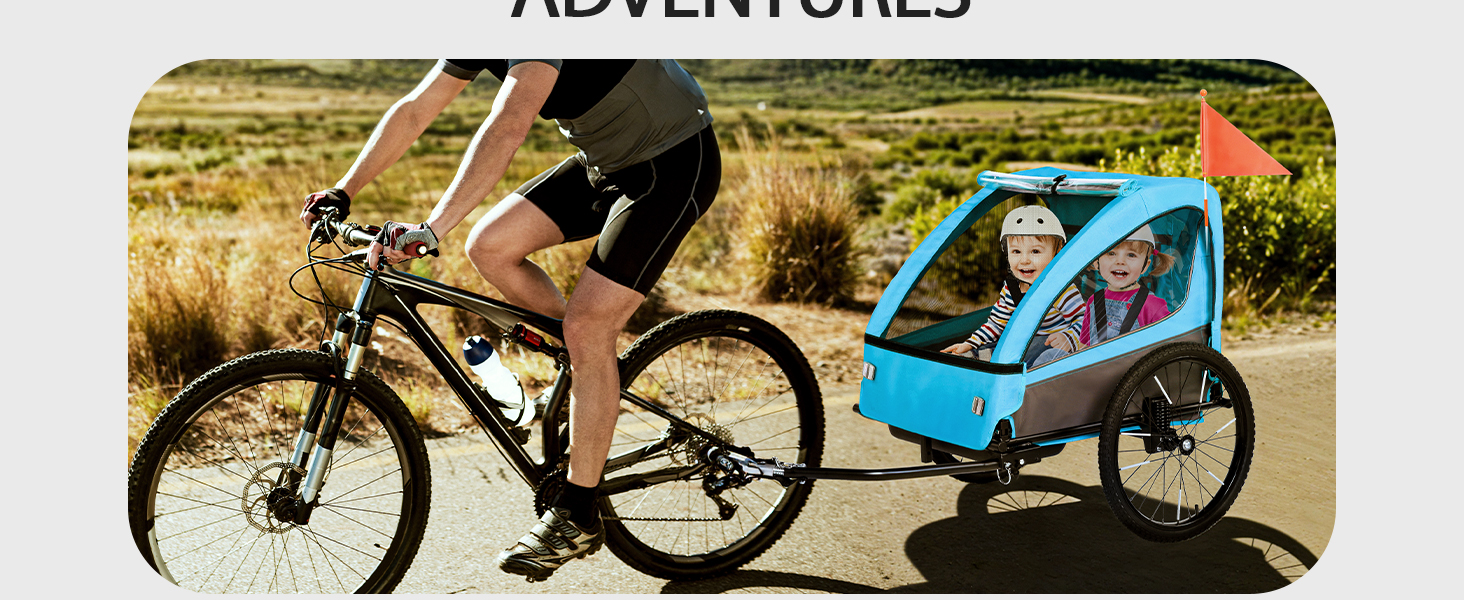 Дитячий велопричіп 2в1 Kinderkraft з функцією візка та бігуна, амортизація, регульована ручка та гальма, для 1-2 дітей до 40 кг (Блакитний)