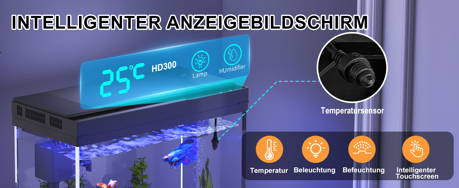 Акваріум Vehipa Nano 9L з інтелектуальним зволожувачем повітря, індикатором температури, склом UHD, 7-кольоровим підсвічуванням, 3-в-1 насосом з фільтрацією, подачею кисню та циркуляцією, чорний