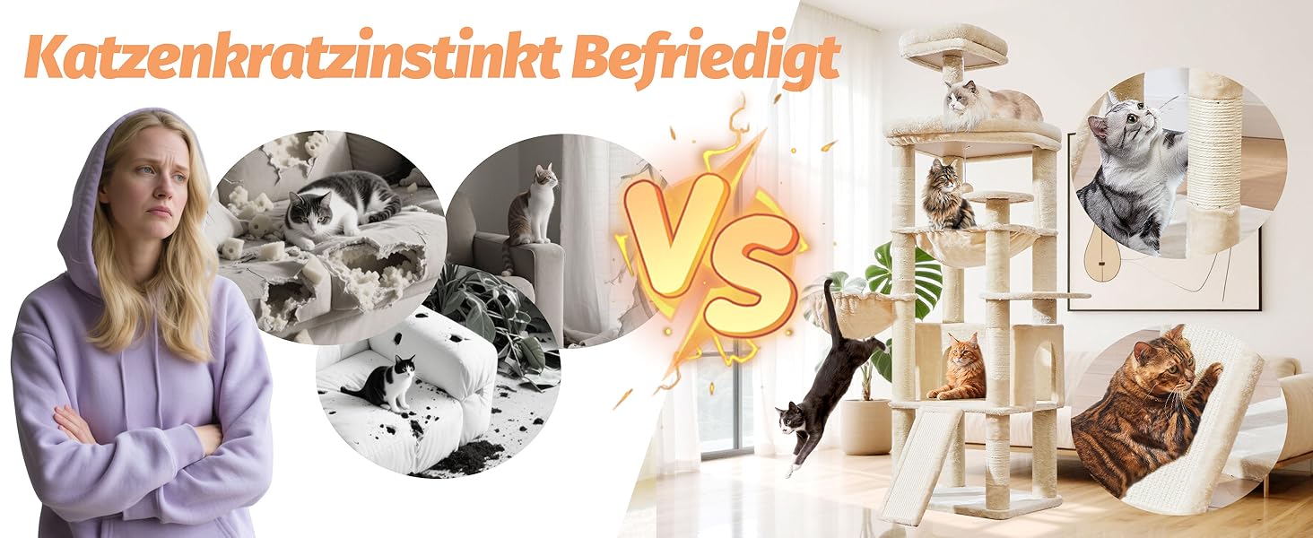 Когтеточка для котів Taoqimiao 183 см, велика, XXL, з будиночком, гамаком, когтеточками, платформою, MS045W (Бежева)