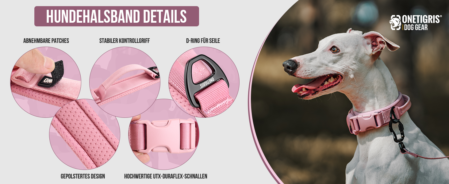 Нашийник для собак OneTigri, тактичний, м'який, з широкою кунттофчасною застібкою та кільцем з алюмінієвого сплаву, (30-40 см), рожевий, XS