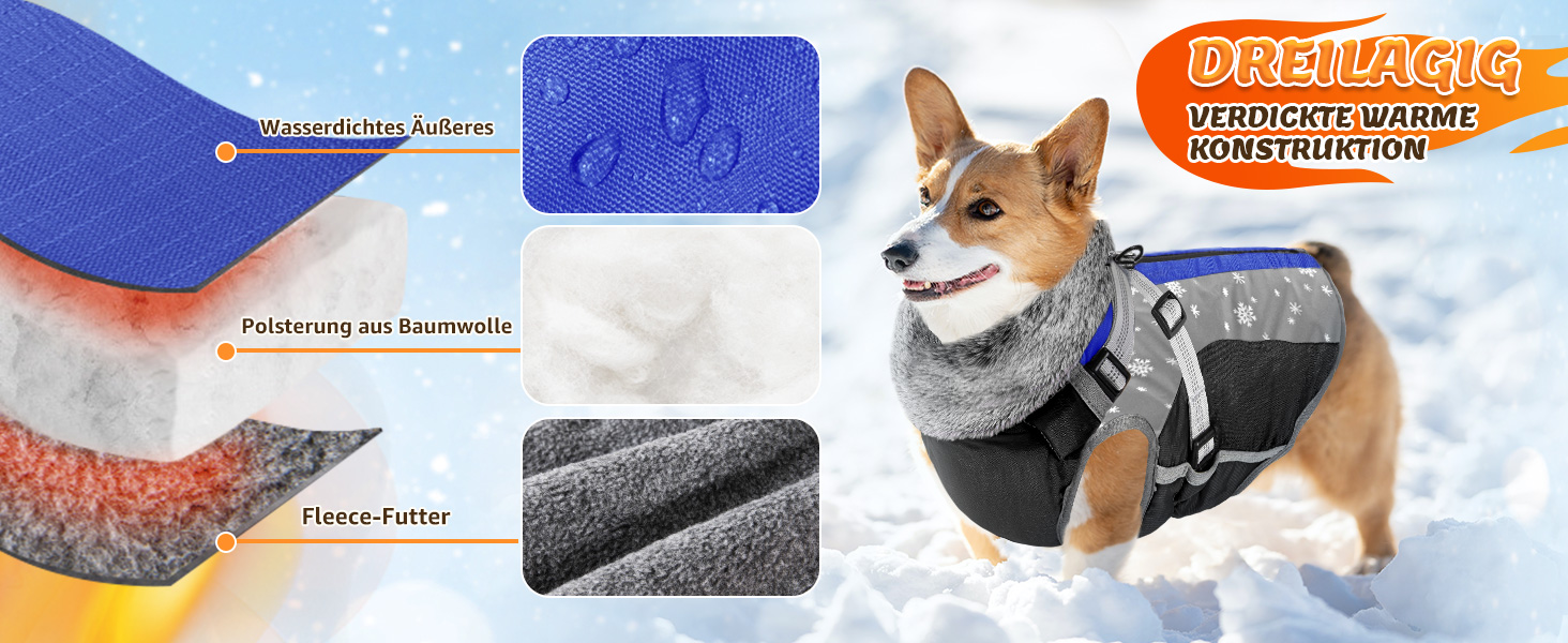 Зимовий теплий одяг для собак: водонепроникна флісова куртка з кріпленням для повідка. Підходить для собак маленьких, середніх та великих порід (XS, Синій)
