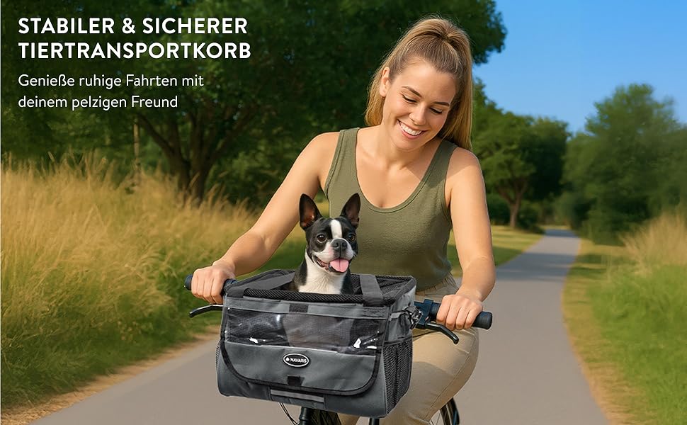 Корзина для собак Navaris на велосипед, спереду - сіра, до 10 кг, з додатковими кишенями