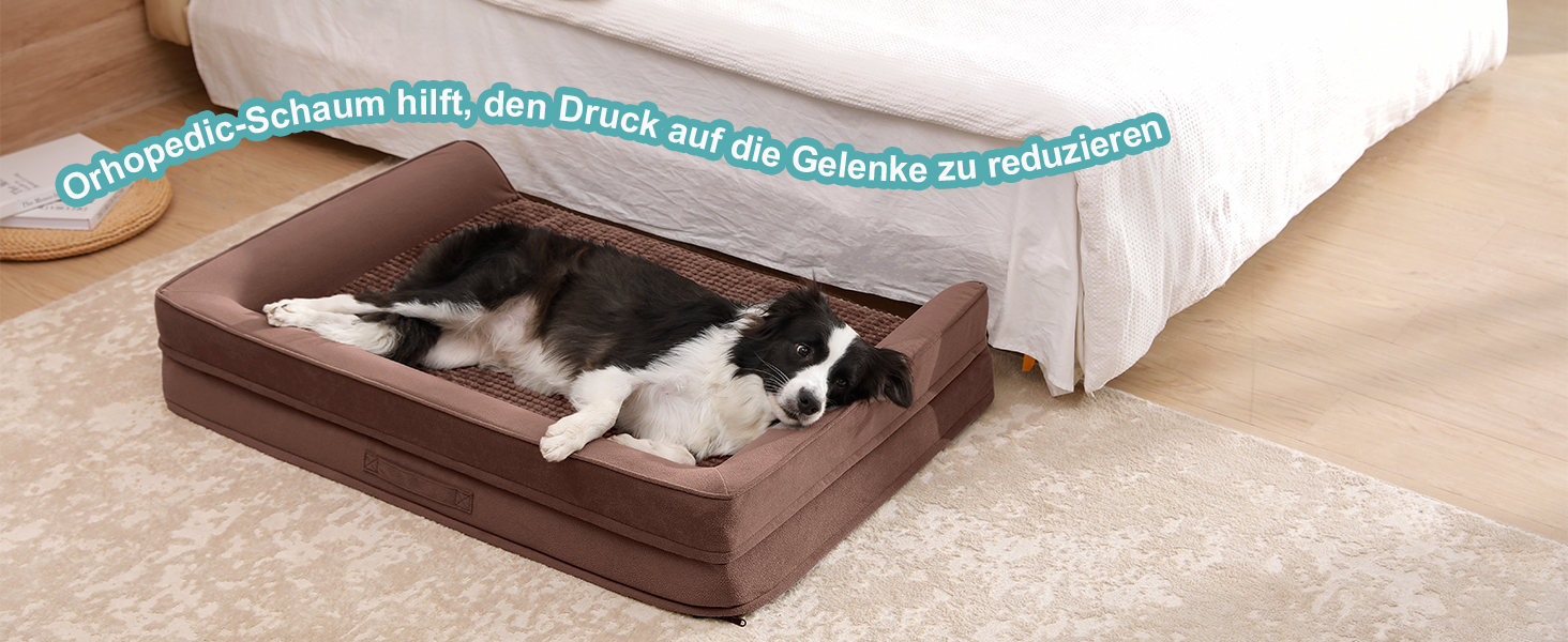 Ортопедичне ліжко для собак маленьких порід, водонепроникне диван-ліжко з бортиками, з підтримуючою піною, знімний та пральний чохол, водонепроникне дно, антиковзаюче (M 91*69*19 см, Колір: Коричневий)