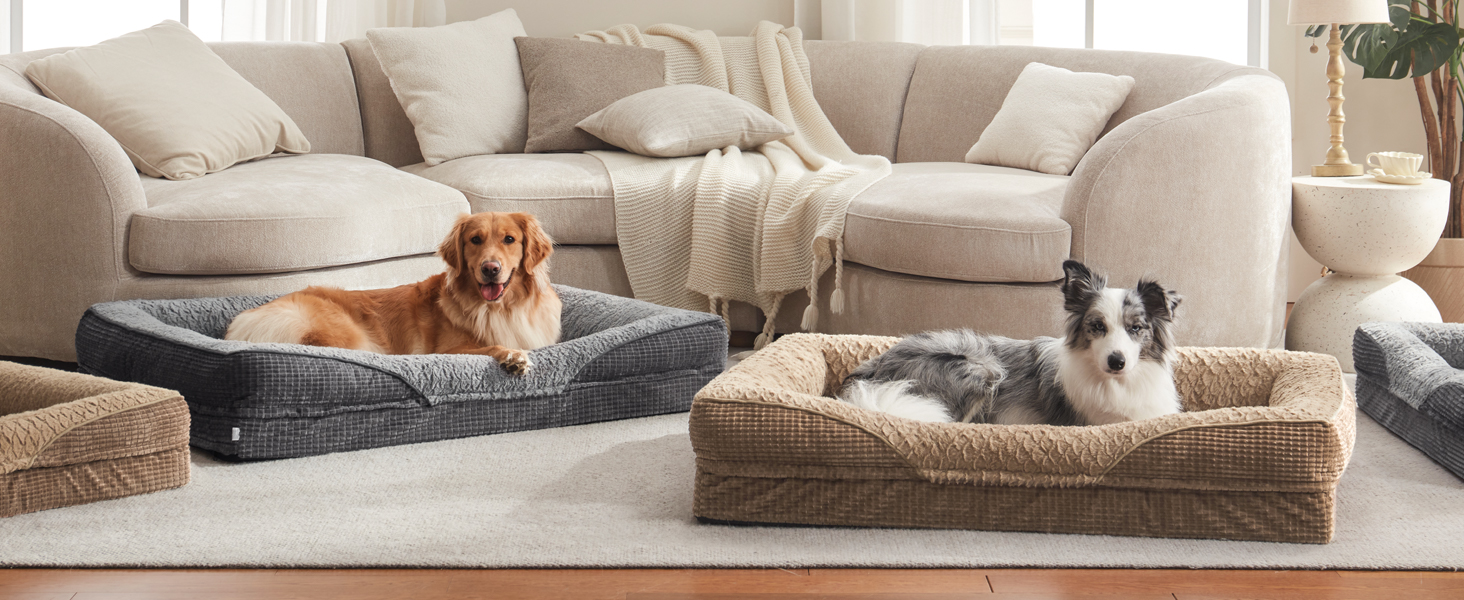 Ортопедичне ліжко для собак середніх та великих порід FURTIME, 89x64x18 см, сірий колір. Знімний та миючий кошик для собак з Memory Foam, з високим бортиком та антиковзким покриттям.