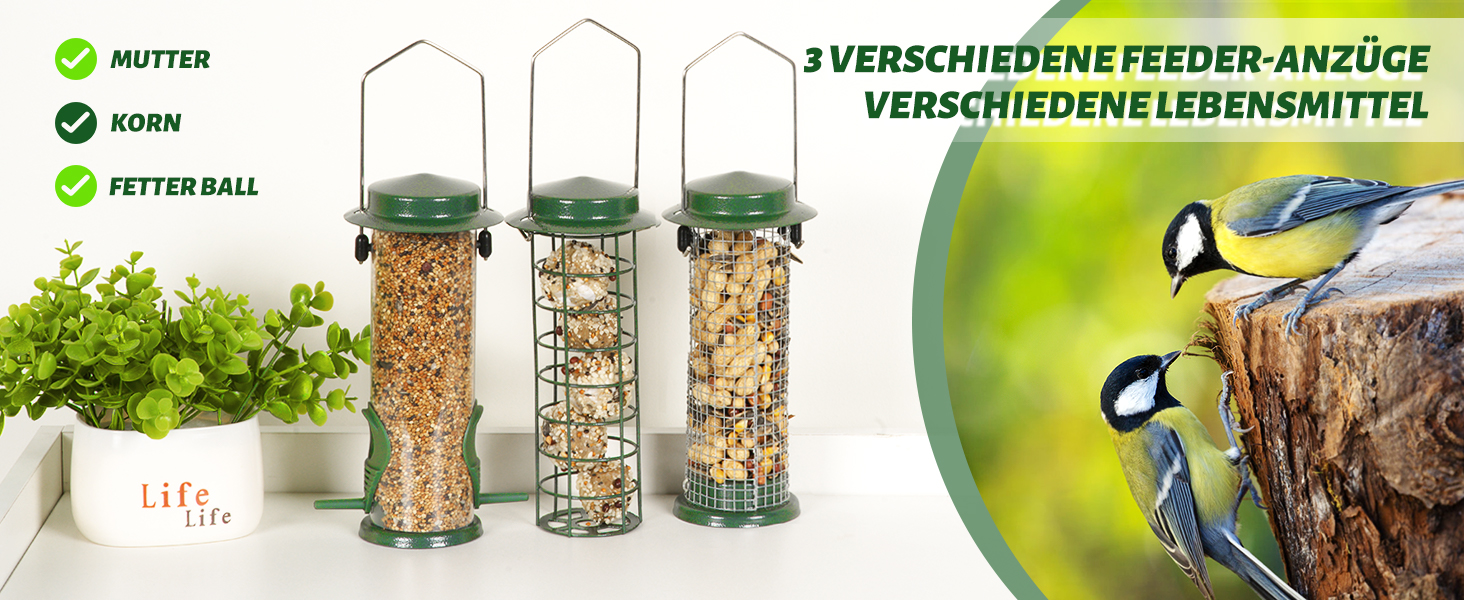 Набір годівниць для птахів Urban Deco (3 шт.), міцний металевий годівник, легко чистити та поповнювати, зелений