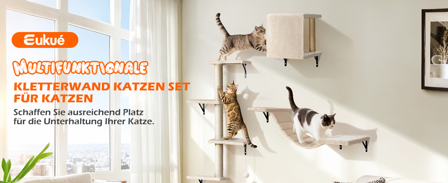 Кігтеточка-стіна для котів Eukue, комплект 10 елементів, великі настінні елементи з котячим будиночком, мостом та сизалевими стовпчиками, до 10 кг, бежевий колір