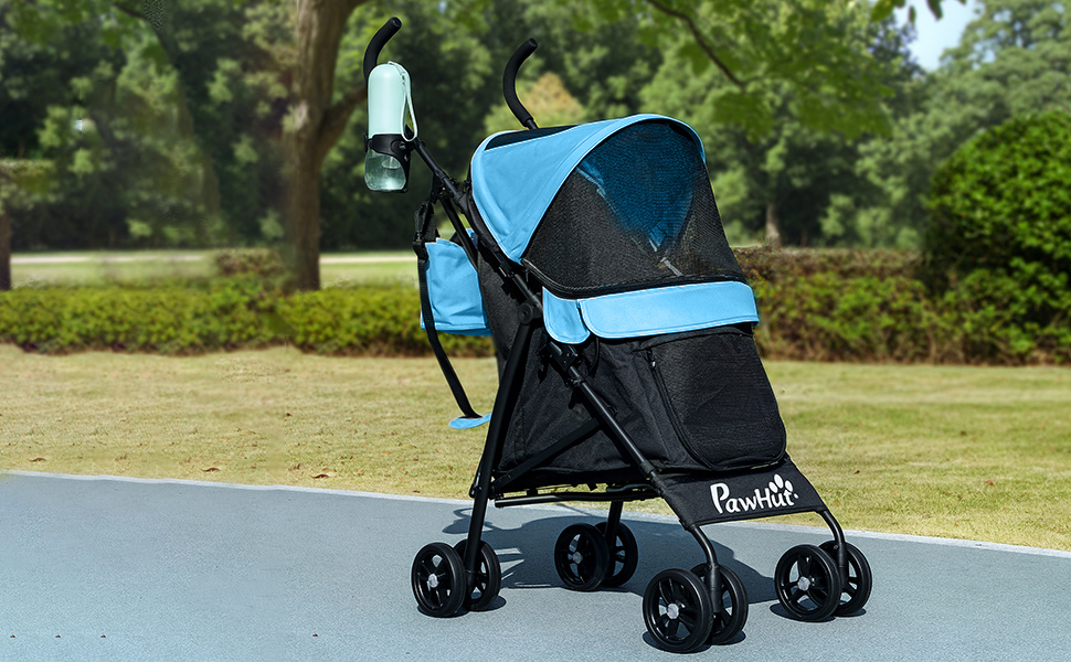 Візок для собак PawHut з вітрозахистом, складний, з миючим подушкою, тримачем для чашок, сітковими вікнами та кишенею для зберігання, блакитний