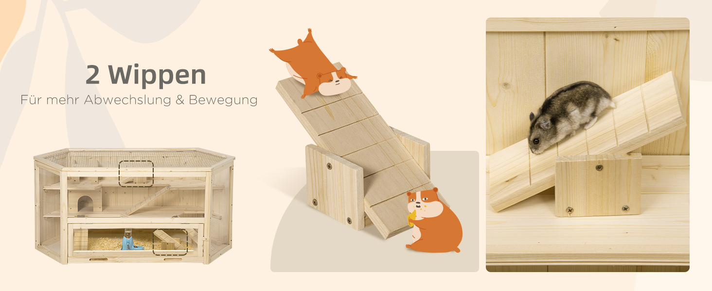 Клітка для дрібних тварин PawHut з рампою, гойдалкою та відкидною кришкою, 115 x 60 x 55 см, натуральне дерево та PS пластик