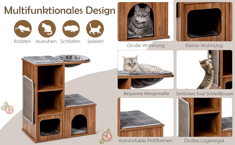 Котячий будиночок GYMAX з когтеточкою 81 см: дерев'яні меблі для котів з когтеточкою, лежаками, гамаком та 2 печерами, до 20 кг