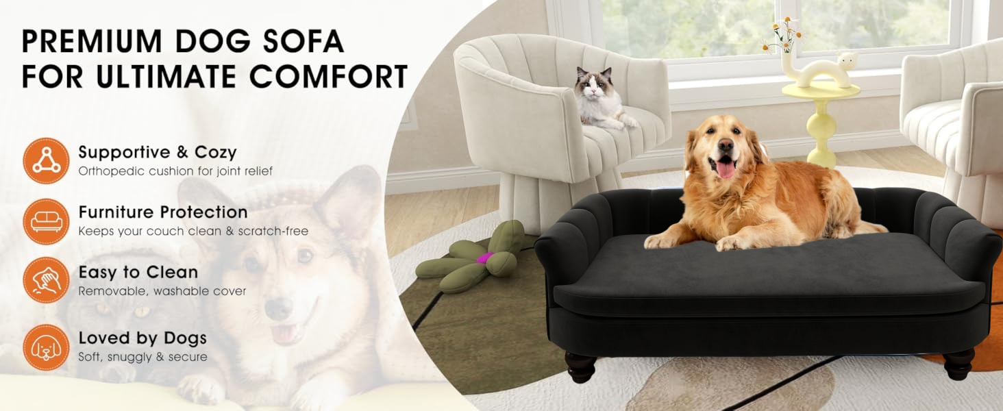 Диванчик для собак SEYNAR: зручний лежак для великих та середніх собак, м'яке велюрове покриття, міцні собачі меблі для вітальні, миється, чорний колір