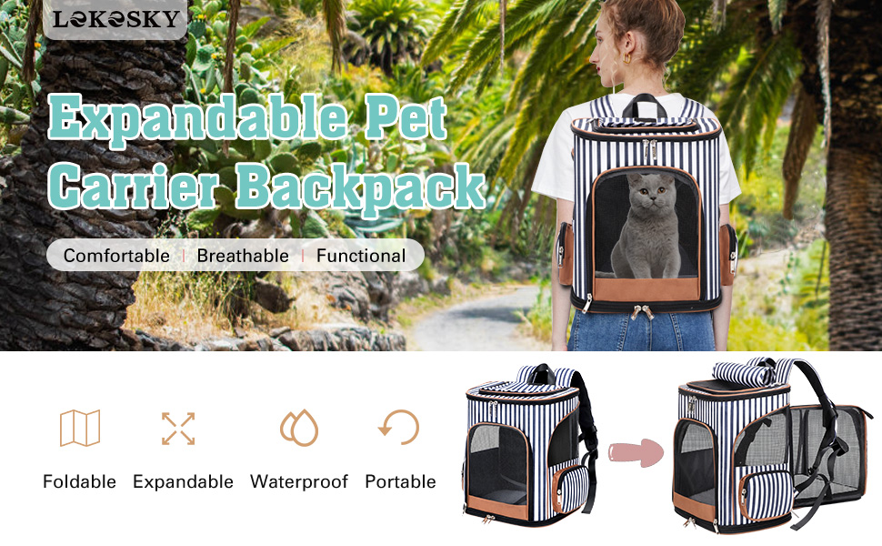 Екскескі Розширюваний рюкзак для кота – дихаючий, портативний, для середніх та великих котів та собак, з внутрішньою безпечною кліткою та килимком, підходить для ваги до 9 кг (XL, смугастий)