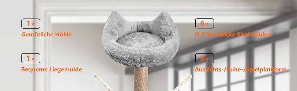 Кліматичний комплекс для котів Kratzbaum, 145 см: кігтеточка, ігровий центр, ліжечко, печера, платформи, сіза колона, для кошенят та котів