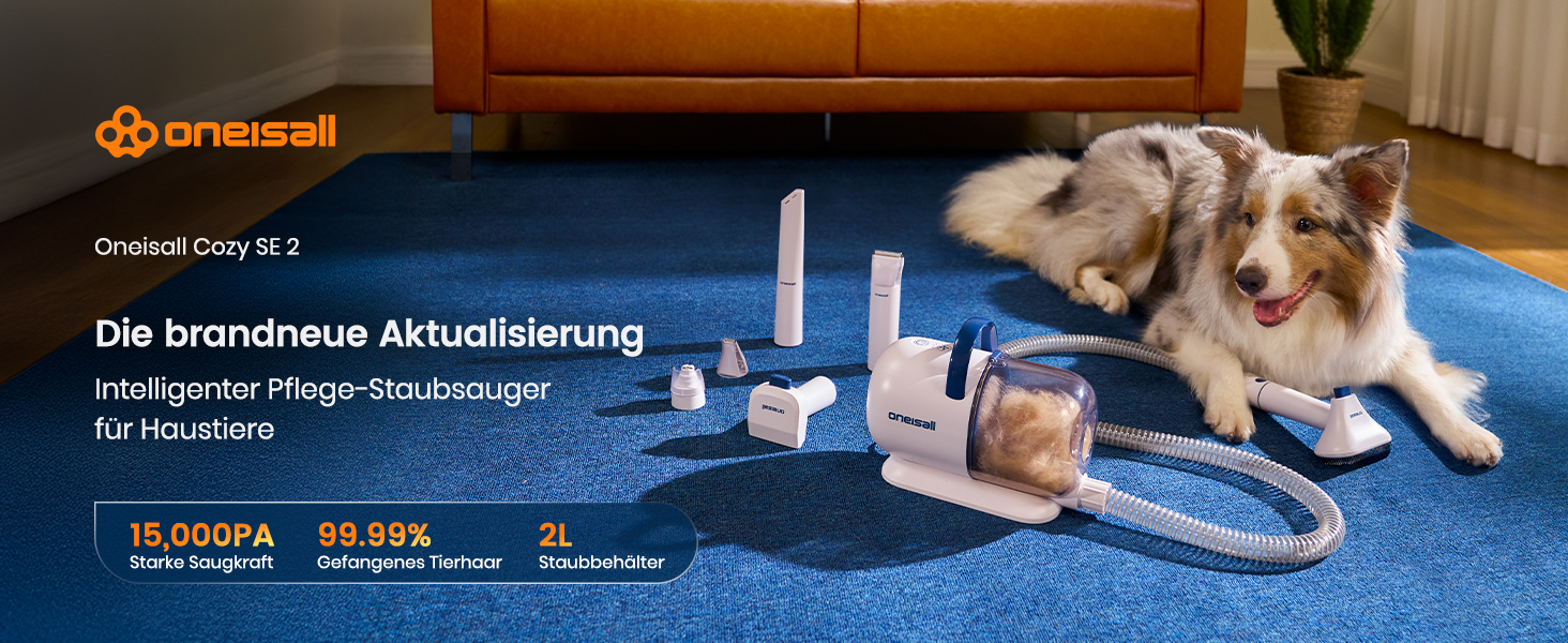 Машинка для стрижки собак Oneisall з пилососом, 15000 Па, видаляє 99.99% шерсті, тиха, 6 насадок для догляду за тваринами