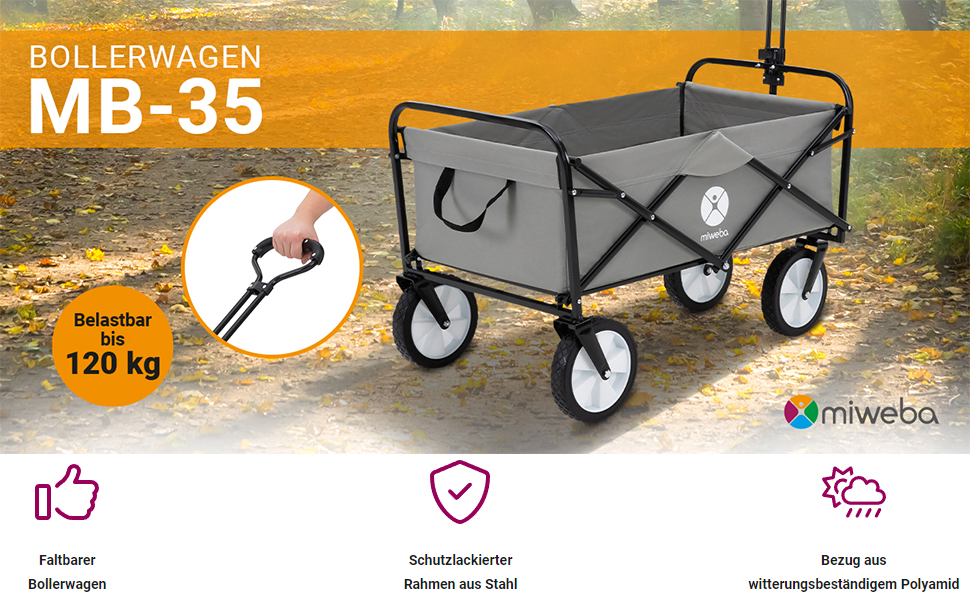 Складаний візок Miweba MB-35 | Вантажопідйомність 120 кг - для дітей, саду, пляжу | Сірий