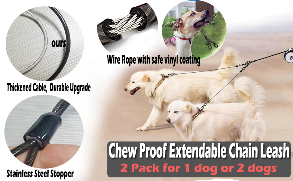 Висувна поводок для собак, 5 м, поводок-рулетка з ланцюгом, подвійний поводок для 2 собак, подовжений поводок для середніх та великих собак до 50 кг, білий та чорний, з пряжкою