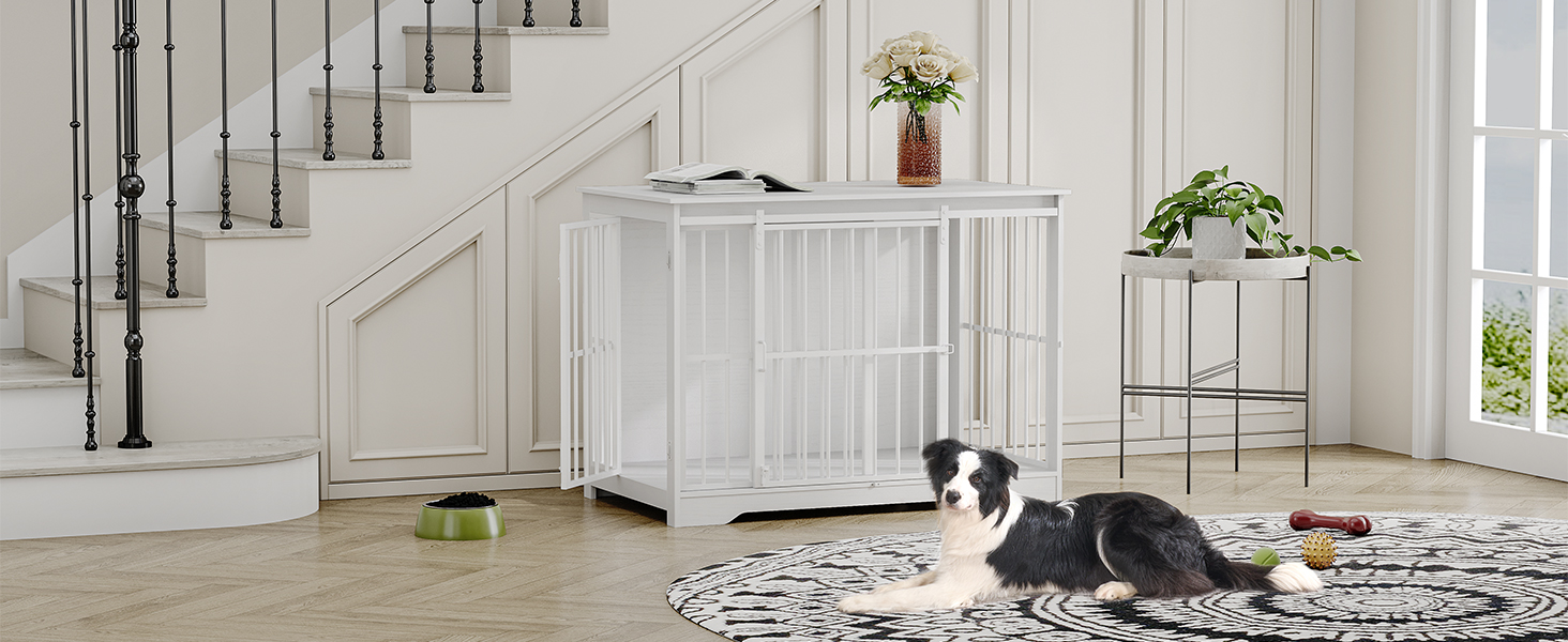 Клітка для собак Hzuaneri, 110 см, з 2 дверцятами, сучасний дизайн, для собак маленьких, середніх та великих (до 100 кг), білий колір, DFC84413W