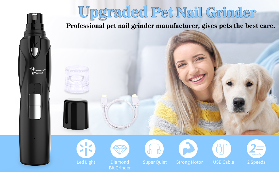 Електричний точило для когтів собак та котів з LED-підсвічуванням та 2 колесами. Безшумний точило для когтів з LED-підсвічуванням. Білий/Чорний.