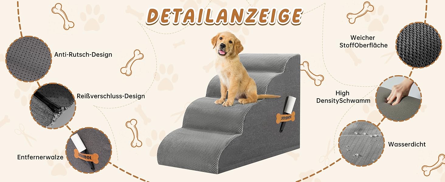 Сходинки для собак та котів ROMROL – 4 сходинки, сірі, з антиковзким покриттям, з м'яким Memory Foam, для захисту суглобів, знімний чохол