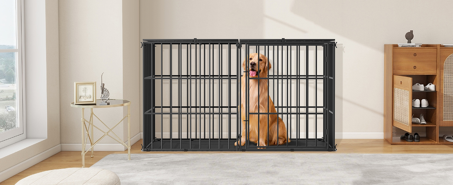 Міцний собачий переносний клітка Pawaboo 56 дюймів: надійний, з килимком, антивандальний, з металевим вольєром та замком, чорний