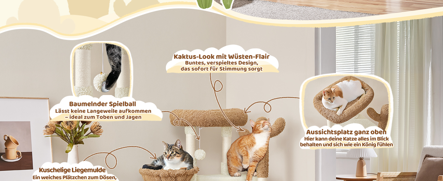 Дряпак для котів Yaheetech Kaktus, 106.5 см: стабільний, з оглядовою платформою та затишною печерею, оббитий сизалем, бежево-коричневий