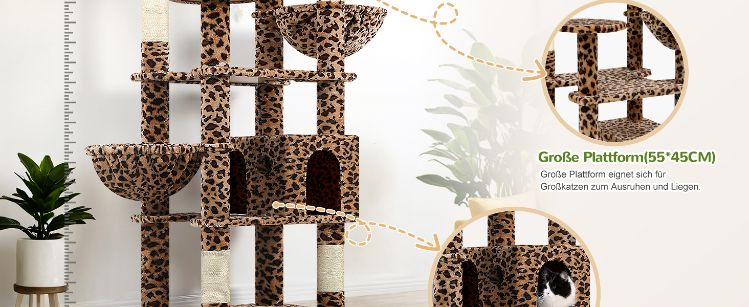Драбина для котів Globlazer XXL, 209 см: 3 стійкі лежанки, 2 будиночки, 2 кошики, велика платформа, іграшки, стабільна для 3-5 котів. Leoparden