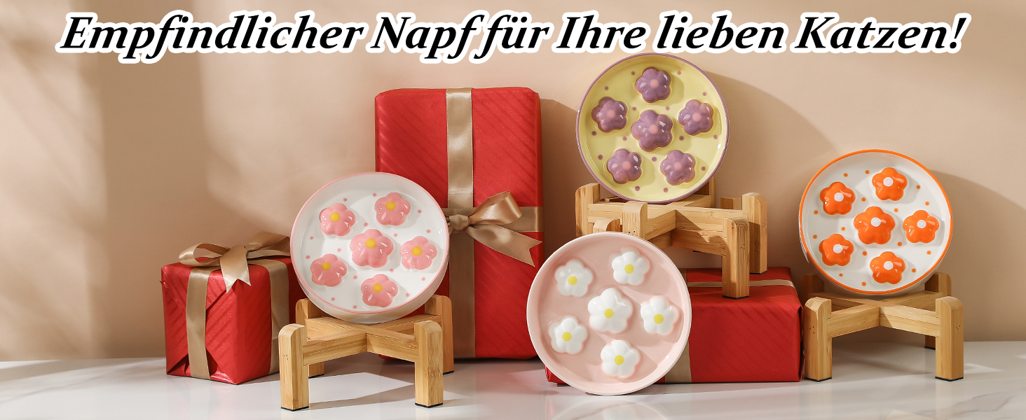 Підвищена годівниця для котів Anti Schling Napf - керамічна годівниця з антиковзним основанням, інтерактивна, для повільного годування, рожеві квіти