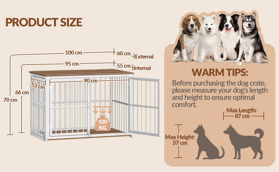 Будиночок для собаки 100x60x70 см, дерев'яний, з 3 дверима, вінтажний коричнево-білий, для середніх та великих порід