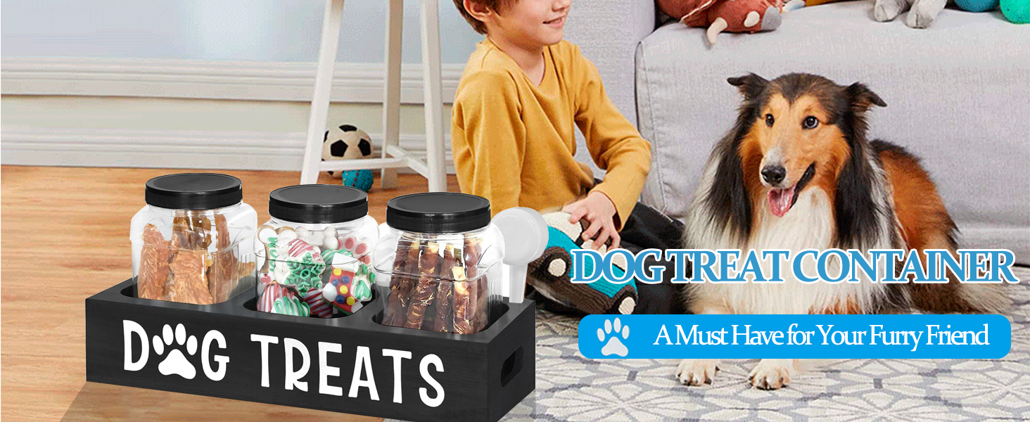 Контейнер для ласощів для собак Niciksty, дерев'яний контейнер для корму з 3 скляними банками, контейнер для корму для собак та котів, чорний